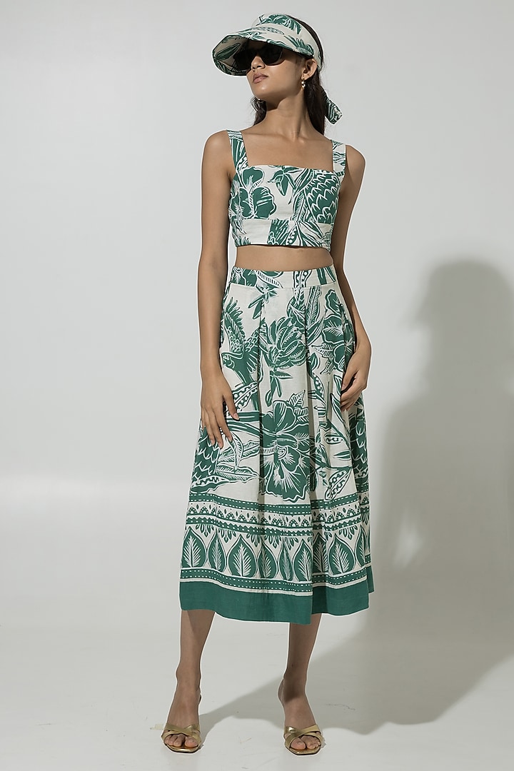 Green Linen Cordelia Printed Skirt Set by Sobariko at Pernia's Pop Up Shop