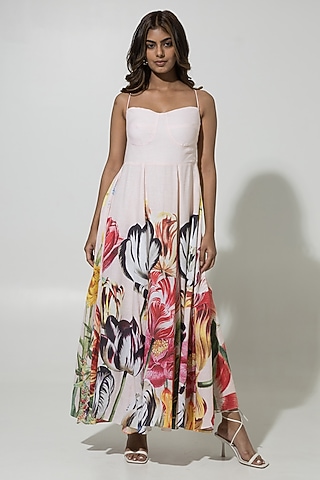 Peach Linen Floral Printed Strappy Dress by Sobariko