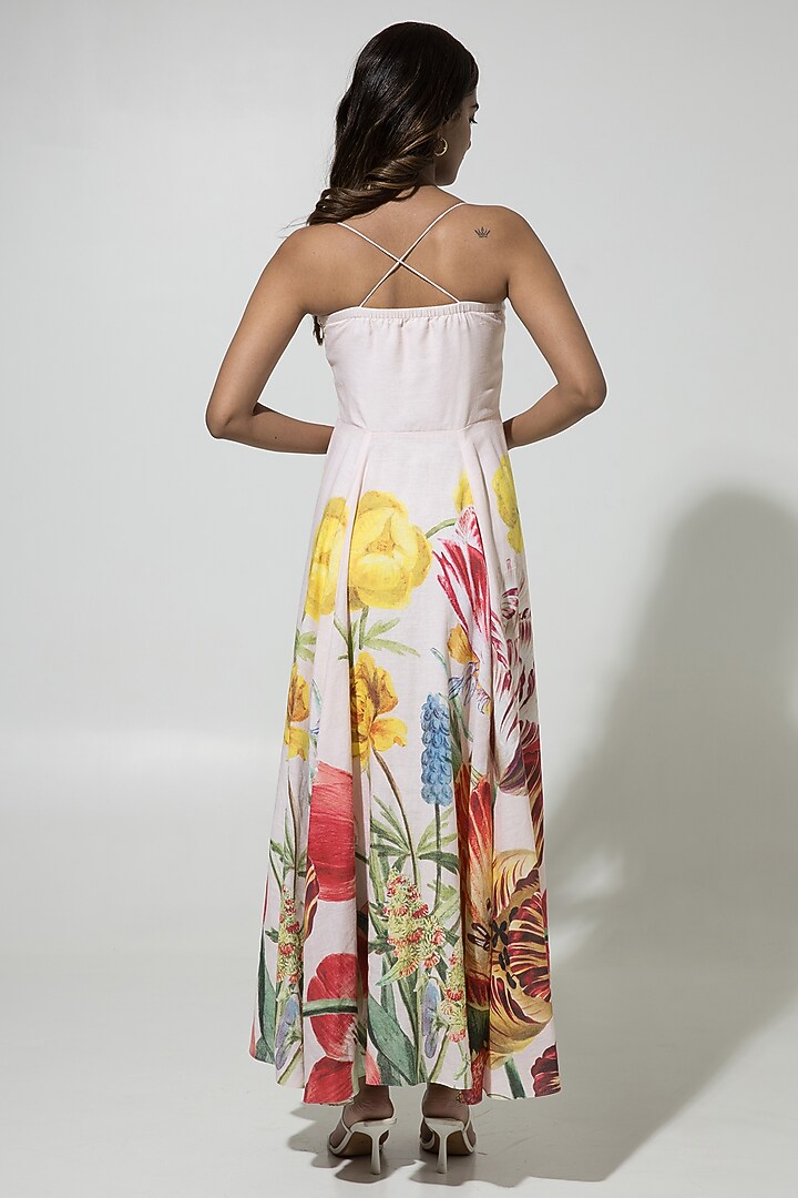 Peach Linen Floral Printed Strappy Vacation Dress by Sobariko at Pernia's Pop Up Shop