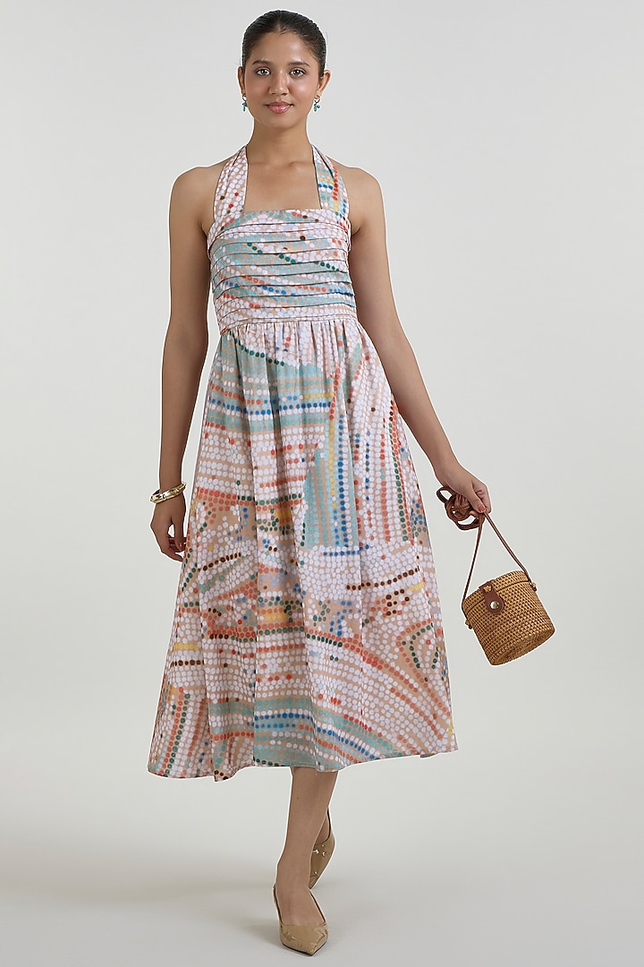 Multi-Colored Linen Blend Printed Halter Summer Dress by Sobariko at Pernia's Pop Up Shop