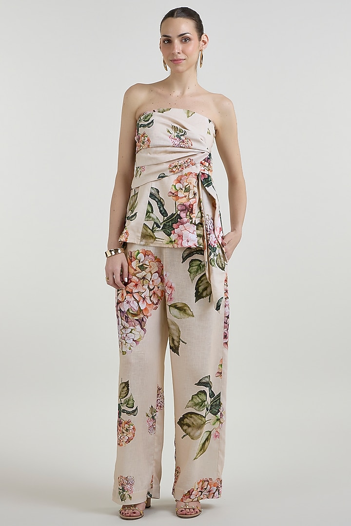 Light Yellow Linen Blend Hydrangea Printed Co-Ord Set by Sobariko at Pernia's Pop Up Shop