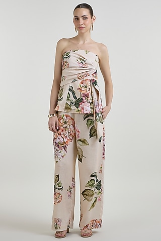 Light Yellow Linen Blend Hydrangea Printed Co-Ord Set by Sobariko