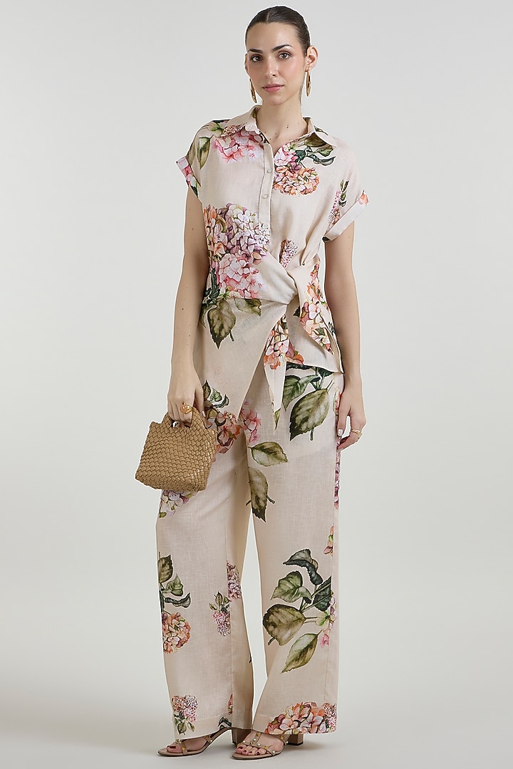Light Yellow Linen Blend Hydrangea Printed Co-Ord Set by Sobariko at Pernia's Pop Up Shop