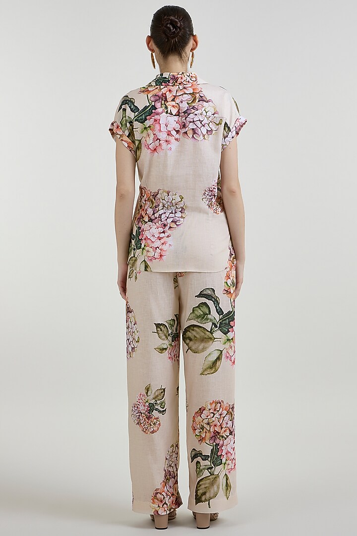 Light Yellow Linen Blend Hydrangea Printed Co-Ord Set by Sobariko at Pernia's Pop Up Shop