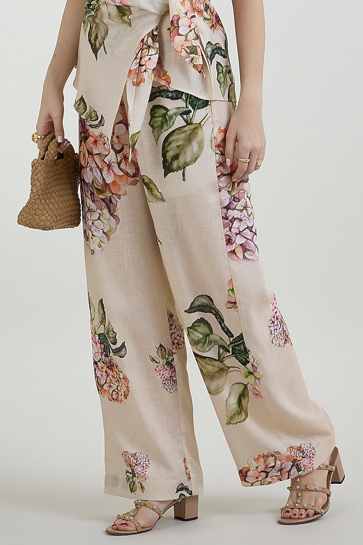 Light Yellow Linen Blend Hydrangea Printed Co-Ord Set by Sobariko at Pernia's Pop Up Shop