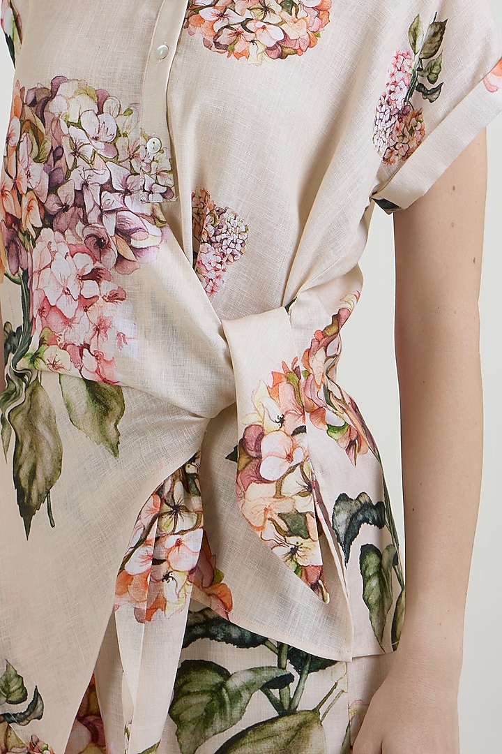 Light Yellow Linen Blend Hydrangea Printed Co-Ord Set by Sobariko at Pernia's Pop Up Shop