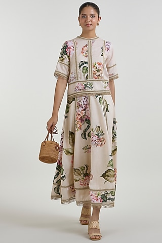 Light Yellow Linen Blend Hydrangea Printed Skirt Set by Sobariko
