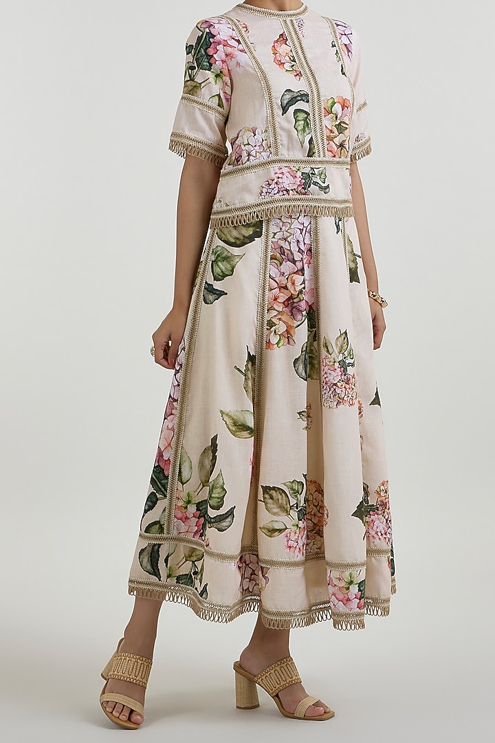 Light Yellow Linen Blend Hydrangea Printed Skirt Set by Sobariko at Pernia's Pop Up Shop