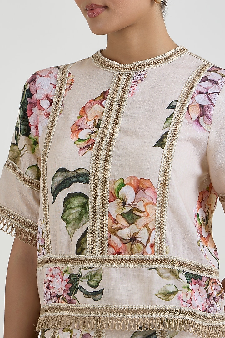 Light Yellow Linen Blend Hydrangea Printed Skirt Set by Sobariko at Pernia's Pop Up Shop