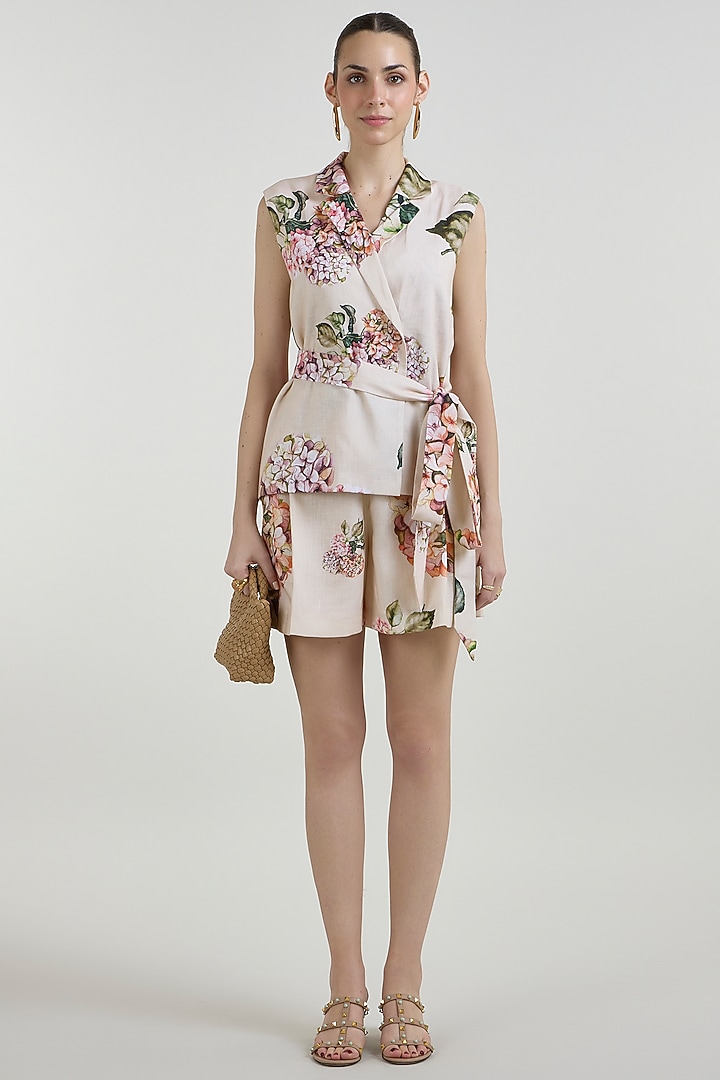 Light Yellow Linen Blend Hydrangea Printed Co-Ord Set by Sobariko at Pernia's Pop Up Shop