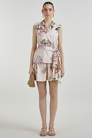 Light Yellow Linen Blend Hydrangea Printed Co-Ord Set by Sobariko
