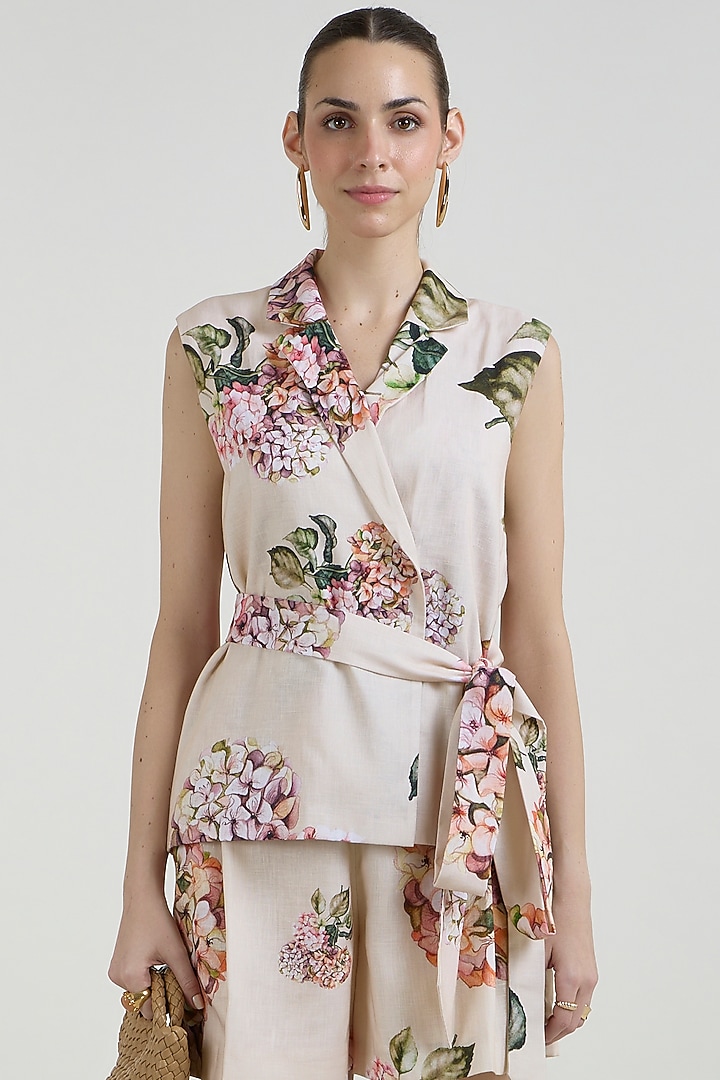 Light Yellow Linen Blend Hydrangea Printed Co-Ord Set by Sobariko at Pernia's Pop Up Shop