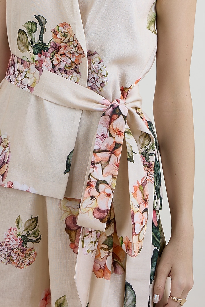 Light Yellow Linen Blend Hydrangea Printed Co-Ord Set by Sobariko at Pernia's Pop Up Shop