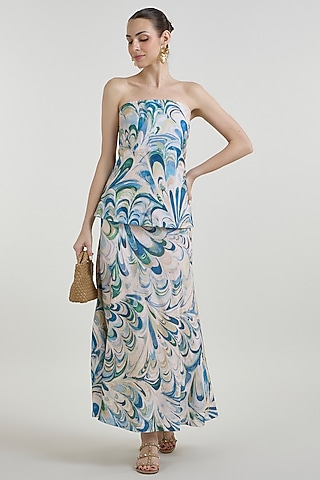Multi-Colored Linen Blend Penelope Printed Strapless Dress by Sobariko