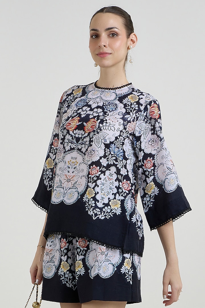 Black Linen Blend Valerie Printed Co-Ord Set by Sobariko at Pernia's Pop Up Shop
