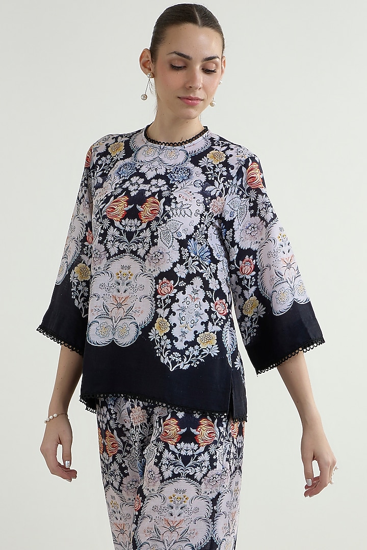 Black Linen Blend Valerie Printed Co-Ord Set by Sobariko at Pernia's Pop Up Shop