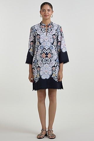 Black Linen Blend Valerie Printed Shift Dress by Sobariko