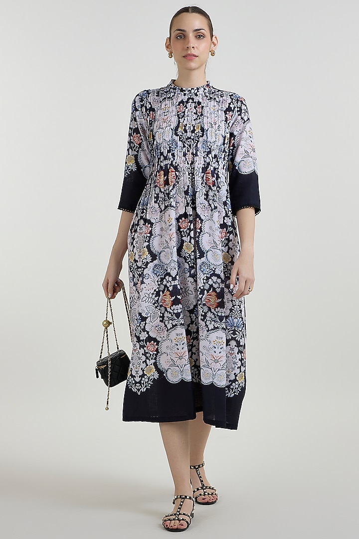 Black Linen Blend Valerie Printed Midi Summer Dress by Sobariko at Pernia's Pop Up Shop