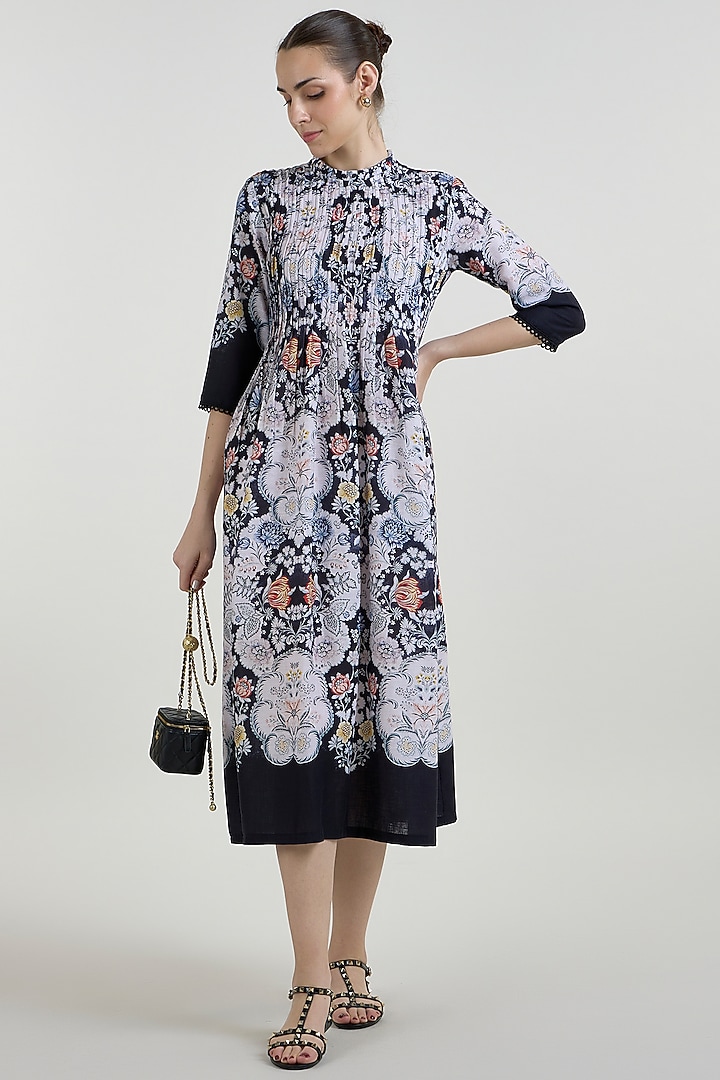 Black Linen Blend Valerie Printed Midi Summer Dress by Sobariko at Pernia's Pop Up Shop