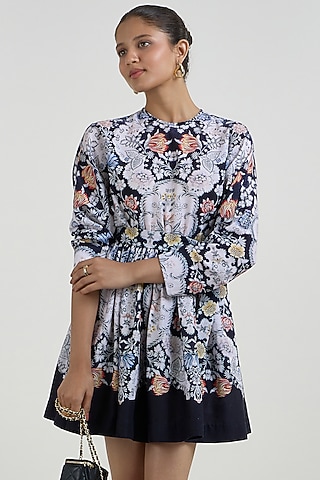 Black Linen Blend Valerie Printed Mini Dress by Sobariko