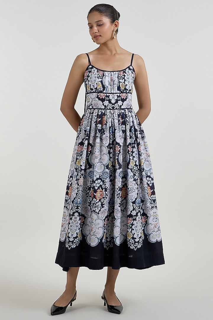 Black Linen Blend Valerie Printed Midi Vacation Dress by Sobariko at Pernia's Pop Up Shop