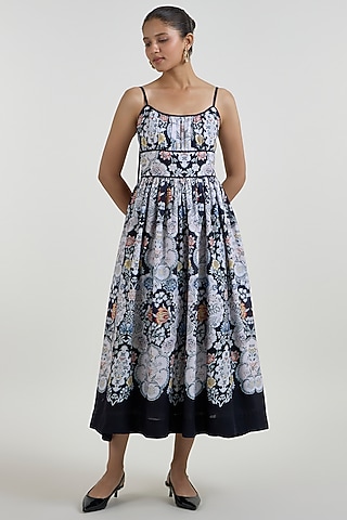 Black Linen Blend Valerie Printed Midi Dress by Sobariko