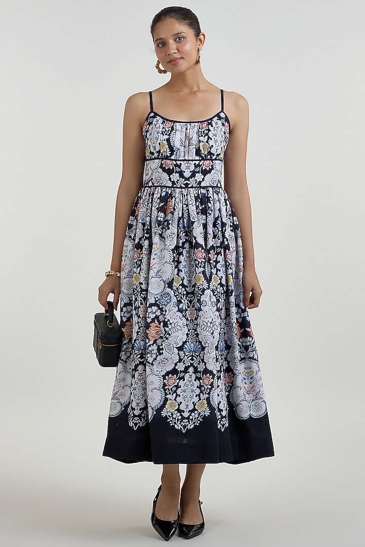 Black Linen Blend Valerie Printed Midi Vacation Dress by Sobariko at Pernia's Pop Up Shop
