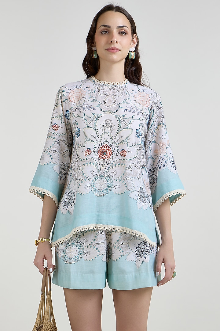 White & Teal Linen Blend Printed Co-Ord Set by Sobariko at Pernia's Pop Up Shop