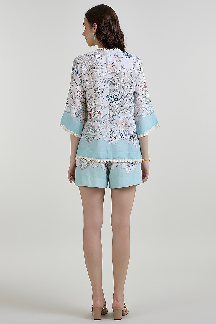 White & Teal Linen Blend Printed Co-Ord Set by Sobariko at Pernia's Pop Up Shop