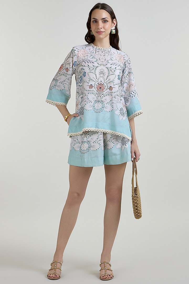 White & Teal Linen Blend Printed Co-Ord Set by Sobariko at Pernia's Pop Up Shop