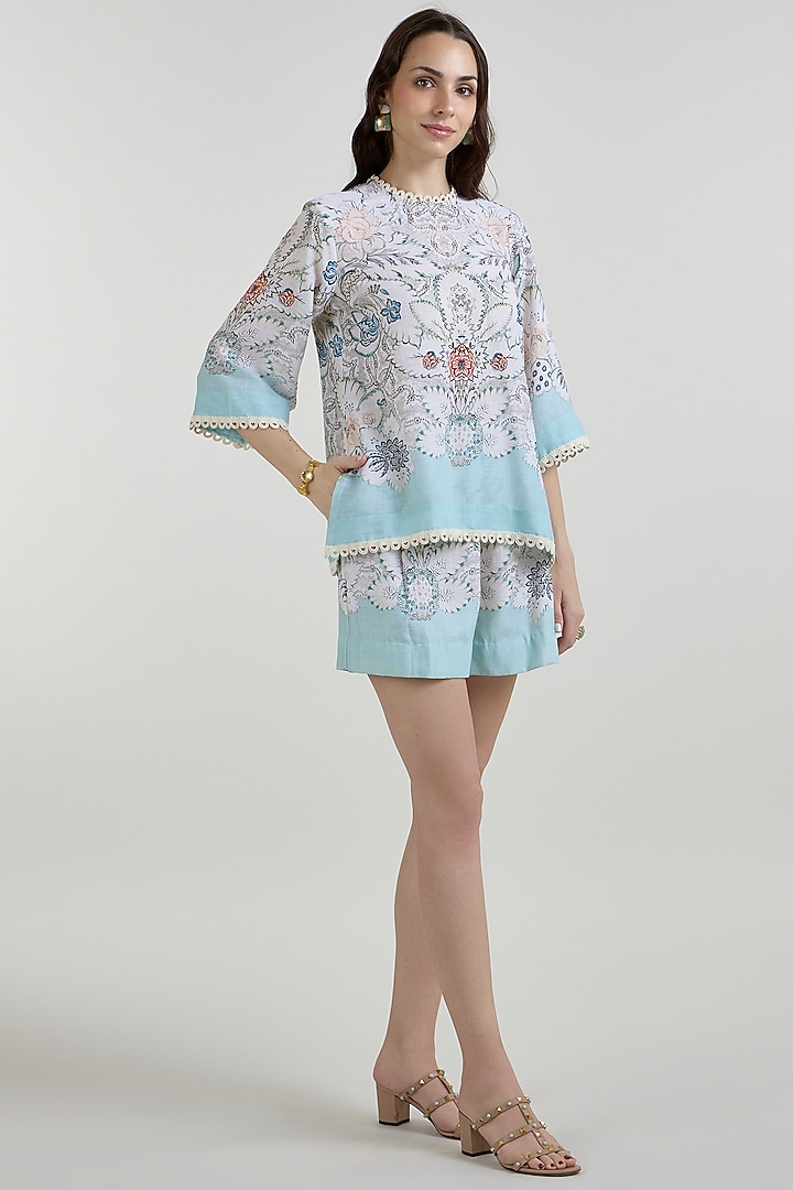 White & Teal Linen Blend Printed Co-Ord Set by Sobariko at Pernia's Pop Up Shop