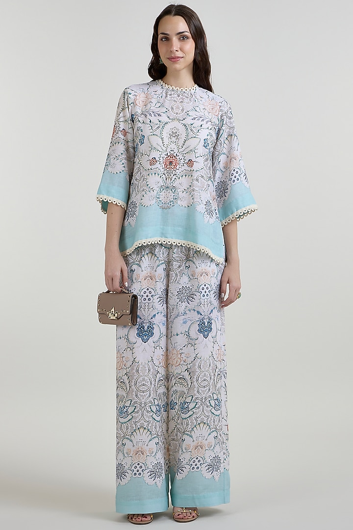 White & Teal Linen Blend Printed Co-Ord Set by Sobariko at Pernia's Pop Up Shop