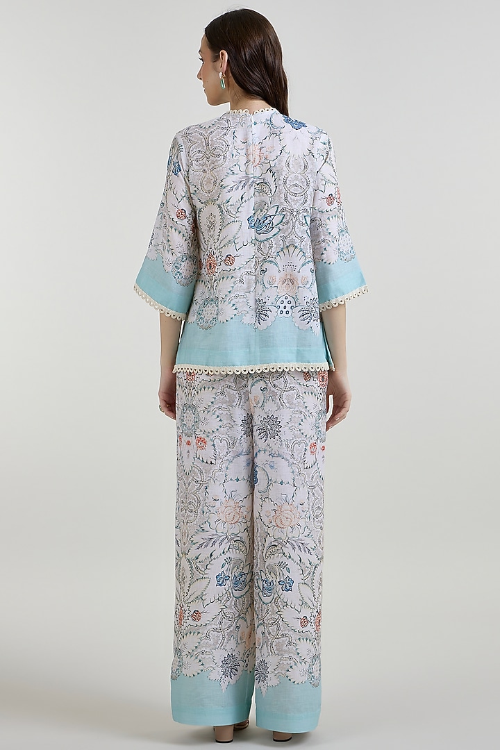 White & Teal Linen Blend Printed Co-Ord Set by Sobariko at Pernia's Pop Up Shop