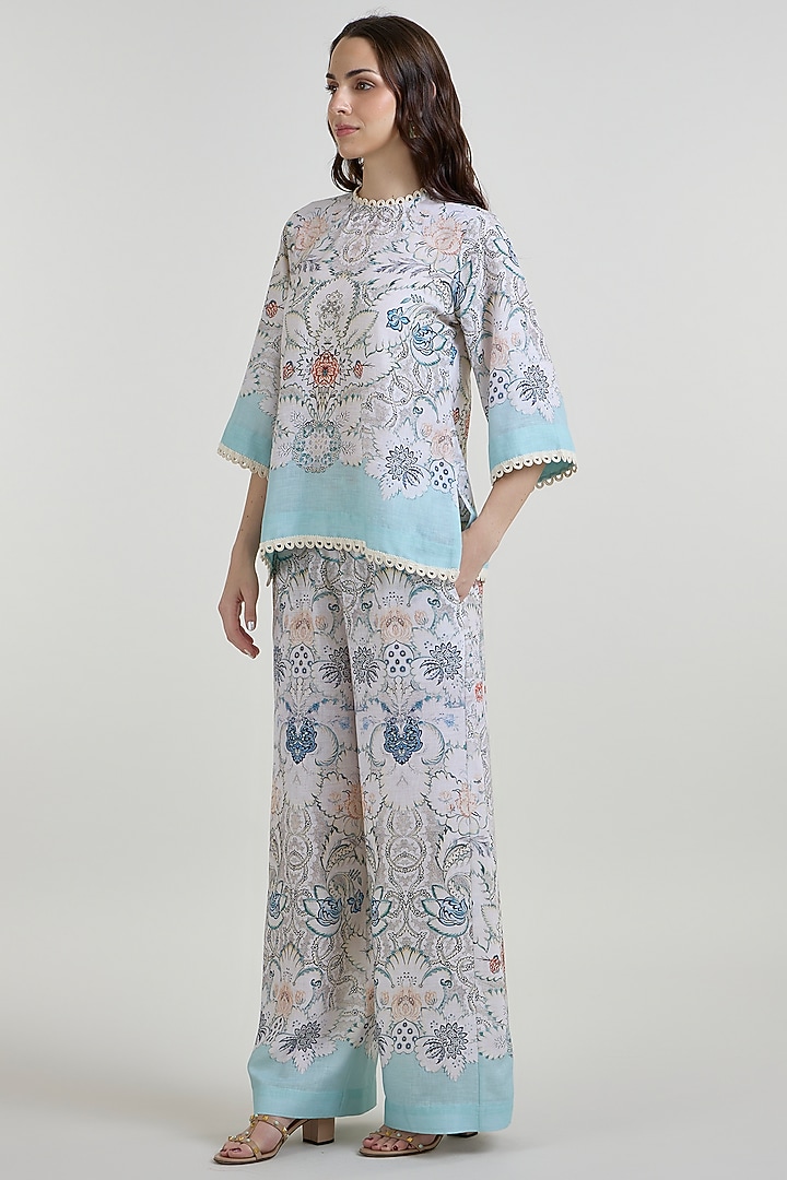 White & Teal Linen Blend Printed Co-Ord Set by Sobariko at Pernia's Pop Up Shop