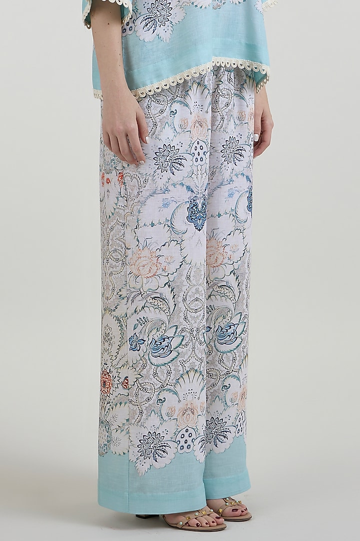 White & Teal Linen Blend Printed Co-Ord Set by Sobariko at Pernia's Pop Up Shop