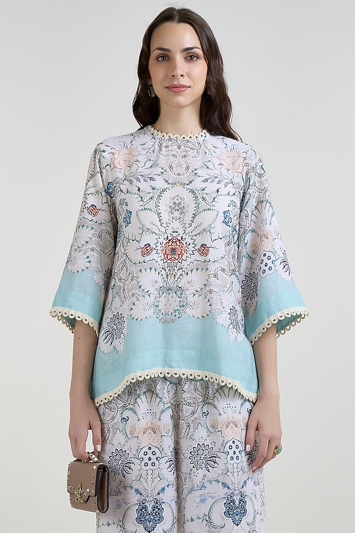 White & Teal Linen Blend Printed Co-Ord Set by Sobariko at Pernia's Pop Up Shop