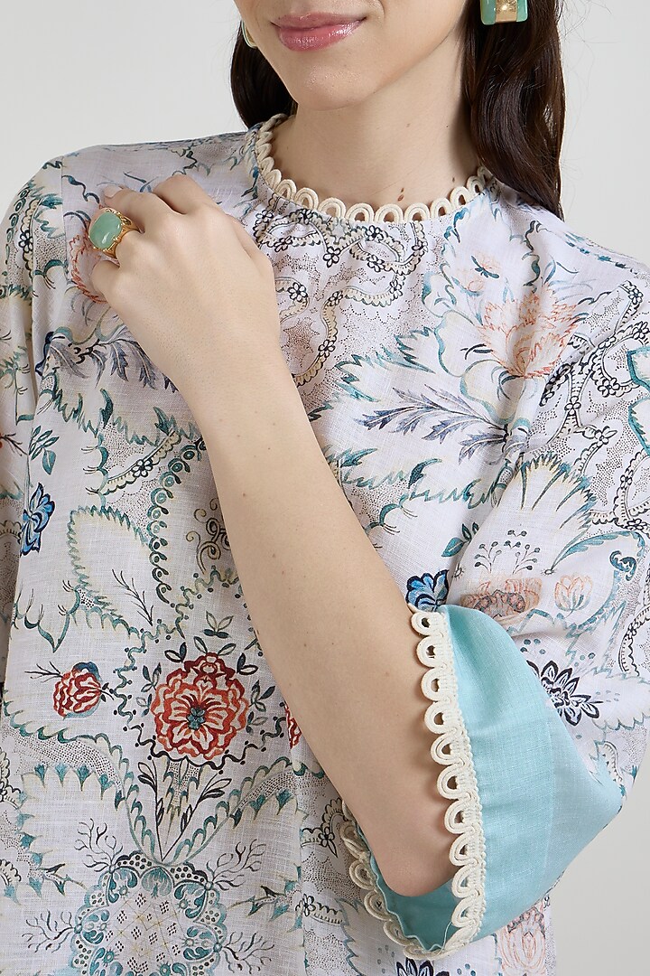 White & Teal Linen Blend Printed Co-Ord Set by Sobariko at Pernia's Pop Up Shop