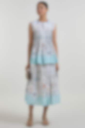 White & Teal Linen Blend Placement Printed Skirt Set by Sobariko at Pernia's Pop Up Shop