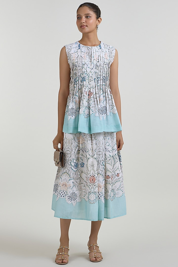 White & Teal Linen Blend Placement Printed Skirt Set by Sobariko at Pernia's Pop Up Shop