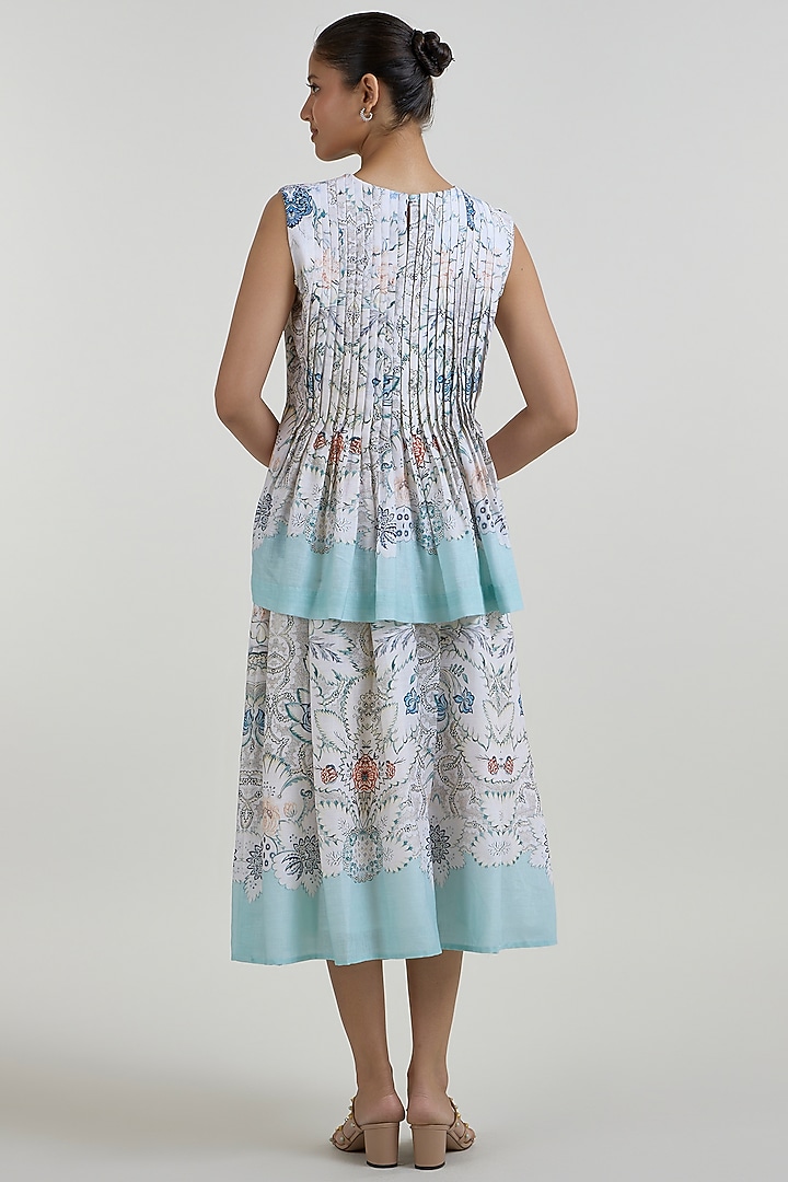 White & Teal Linen Blend Placement Printed Skirt Set by Sobariko at Pernia's Pop Up Shop