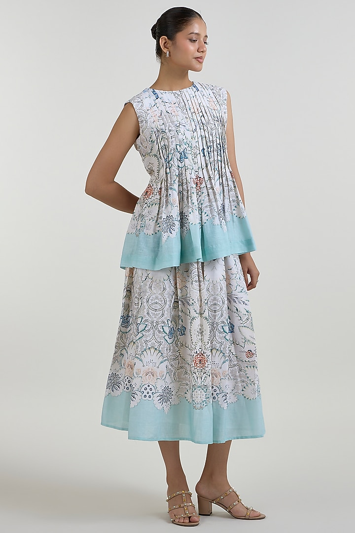 White & Teal Linen Blend Placement Printed Skirt Set by Sobariko at Pernia's Pop Up Shop