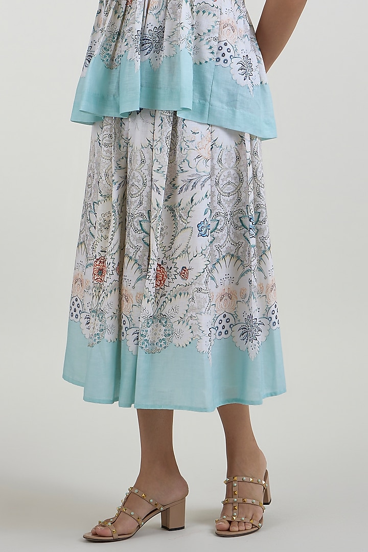 White & Teal Linen Blend Placement Printed Skirt Set by Sobariko at Pernia's Pop Up Shop