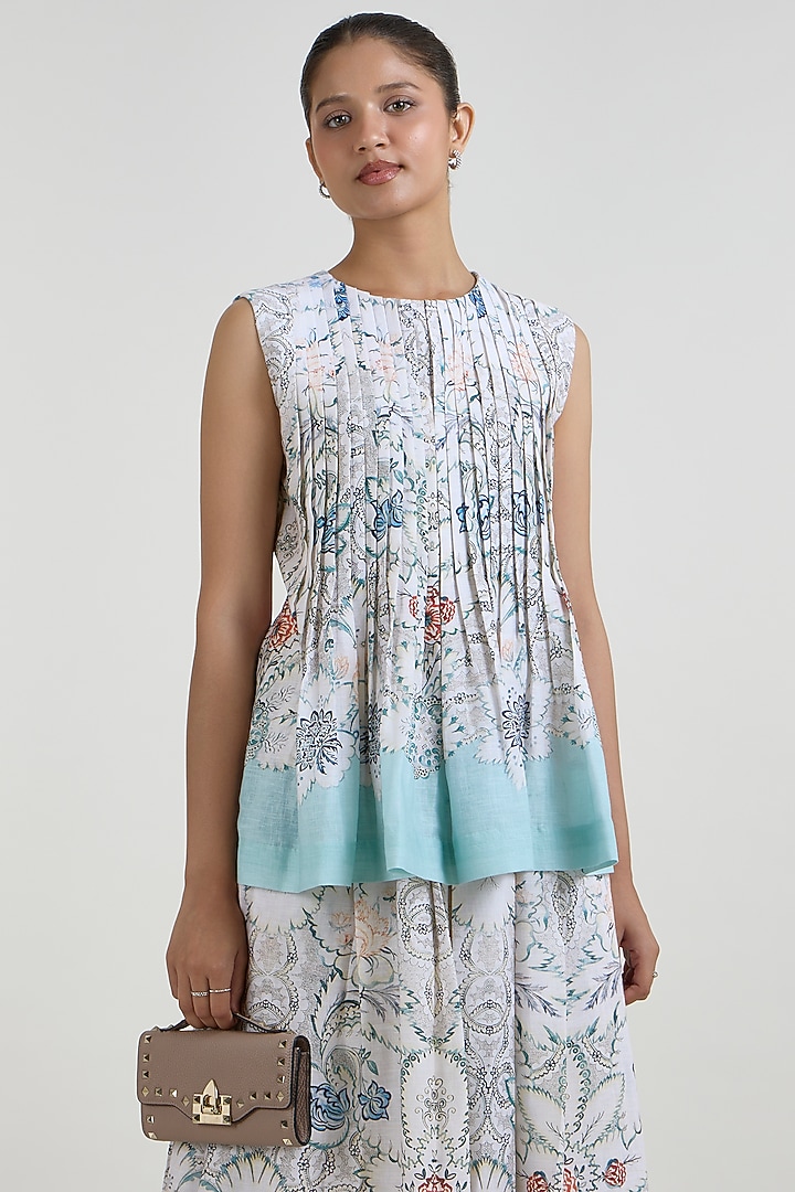 White & Teal Linen Blend Placement Printed Skirt Set by Sobariko at Pernia's Pop Up Shop