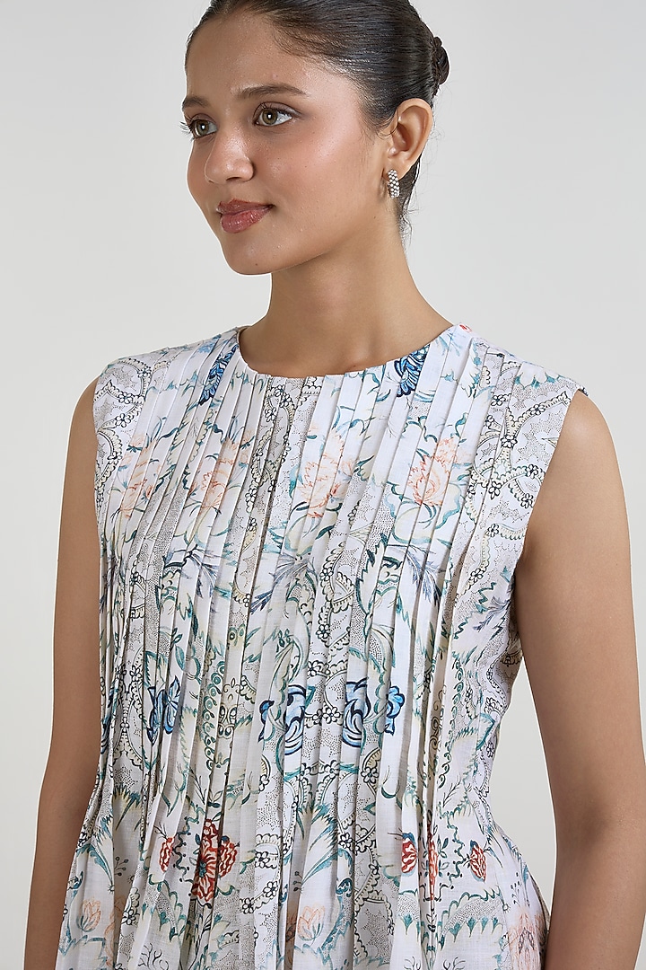 White & Teal Linen Blend Placement Printed Skirt Set by Sobariko at Pernia's Pop Up Shop