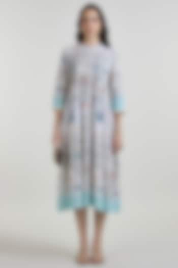 White & Teal Linen Blend Placement Printed Midi Summer Dress by Sobariko at Pernia's Pop Up Shop