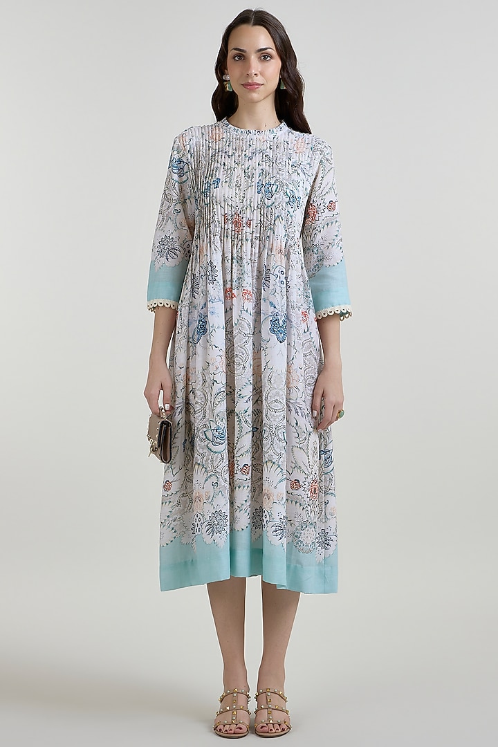 White & Teal Linen Blend Placement Printed Midi Summer Dress by Sobariko at Pernia's Pop Up Shop