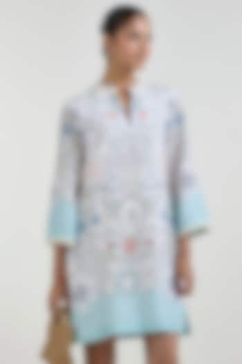 White & Teal Linen Blend Placement Printed Shift Summer Dress by Sobariko at Pernia's Pop Up Shop