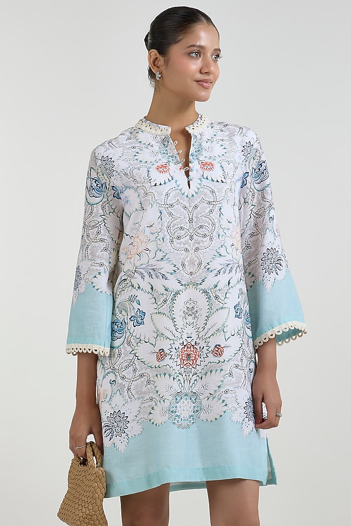 White & Teal Linen Blend Placement Printed Shift Summer Dress by Sobariko at Pernia's Pop Up Shop