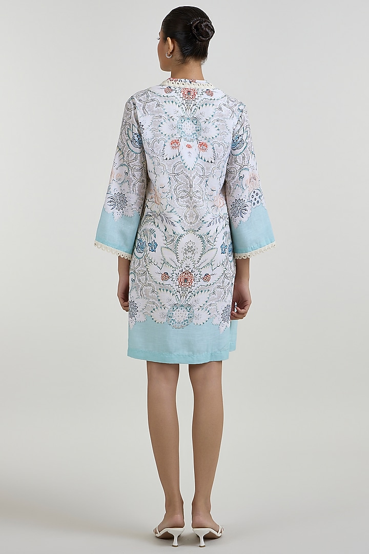 White & Teal Linen Blend Placement Printed Shift Summer Dress by Sobariko at Pernia's Pop Up Shop
