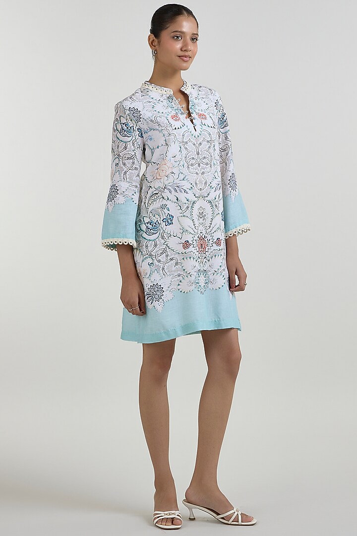 White & Teal Linen Blend Placement Printed Shift Summer Dress by Sobariko at Pernia's Pop Up Shop